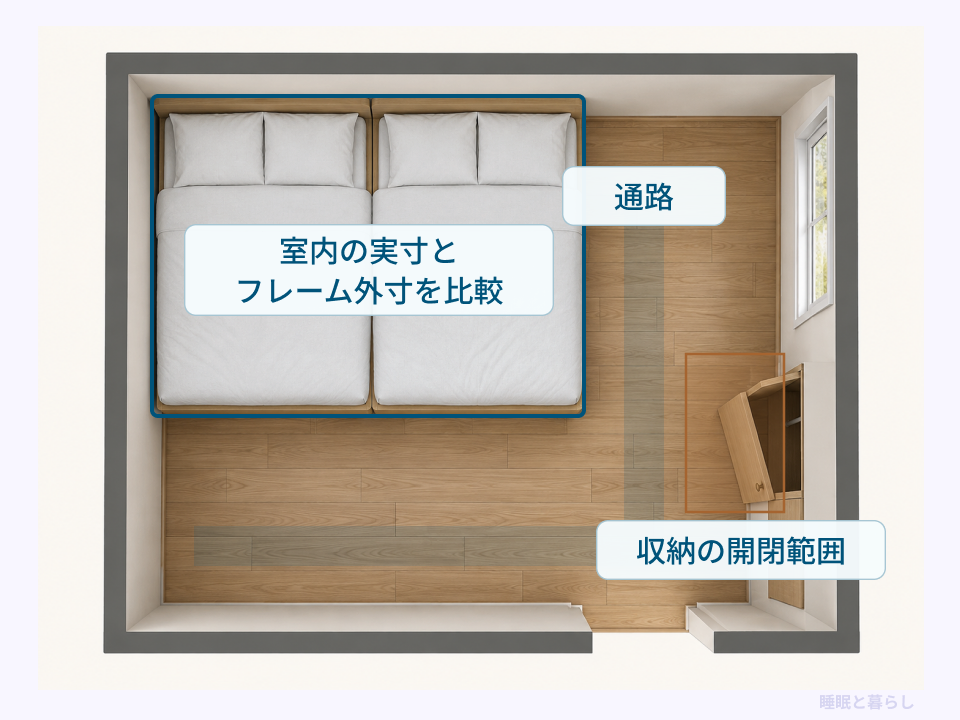 室内の実寸とベッド2台のフレーム外寸を比較し、通路と収納を開ける範囲を確保する配置図