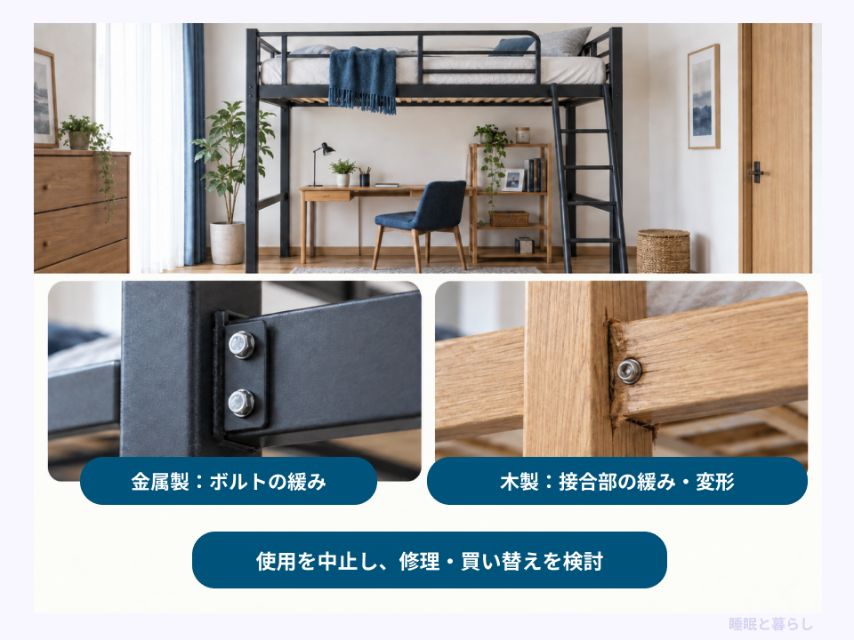 金属製ロフトベッドのボルトと木製の接合部を点検し、修理や買い替えを検討する図