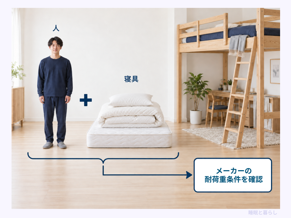 ロフトベッドの耐荷重条件を、人と寝具の重さを合わせて確認する図