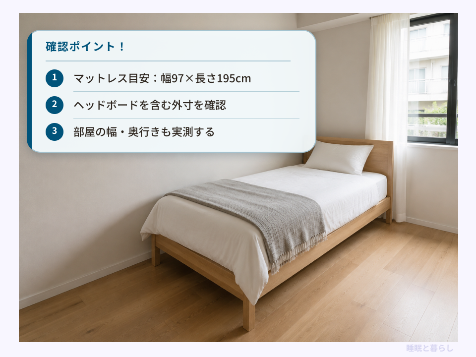 シングルベッドの寸法目安と、フレーム外寸・部屋の実寸の確認ポイント
