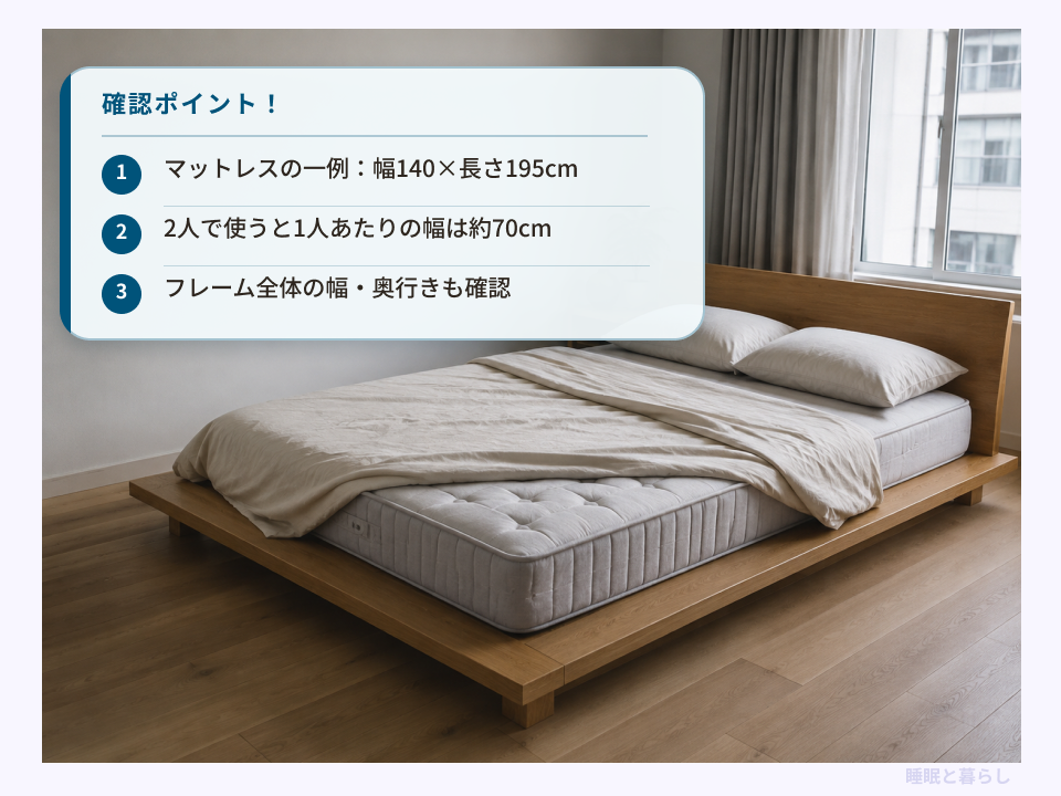 ダブルマットレスの寸法例と2人で使う幅、フレーム外寸の確認ポイント