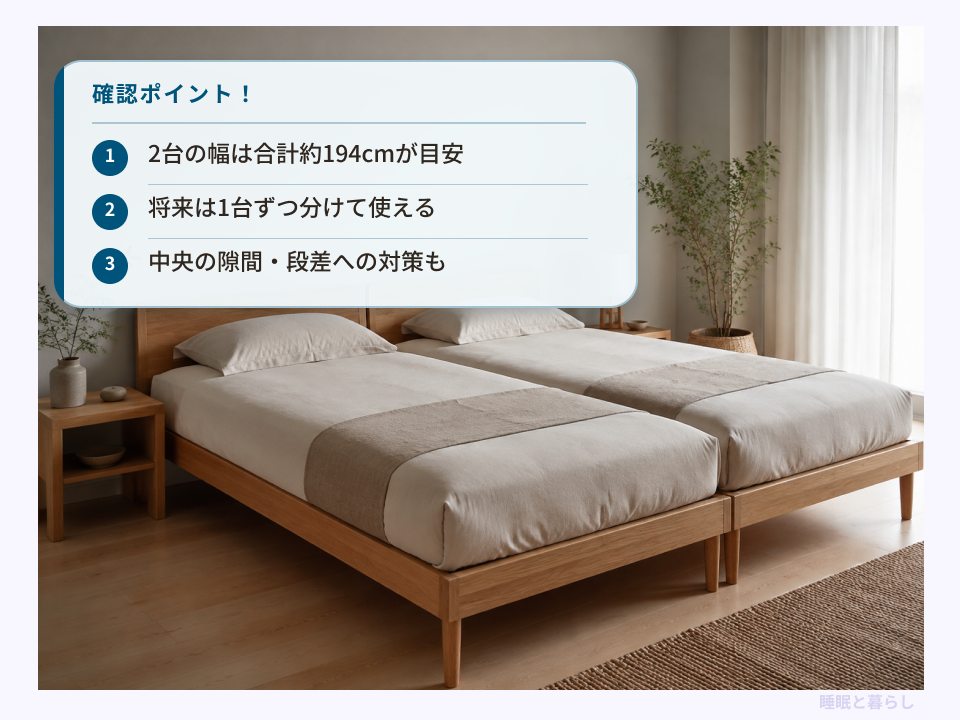 シングルベッド2台を並べた例と、合計幅・分割利用・隙間や段差の確認ポイント