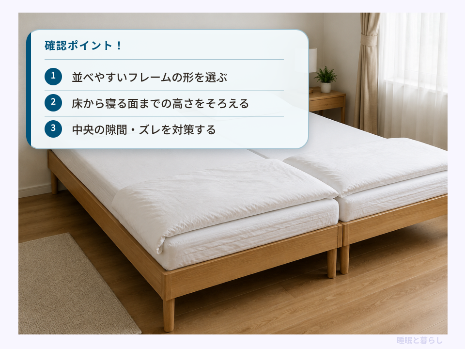 同じ高さのマットレスを並べたベッドと、フレームの形・寝る面の高さ・中央の隙間への確認ポイント