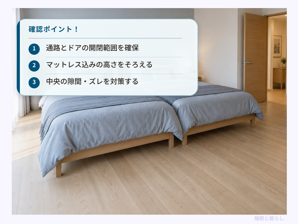 高さをそろえたダブルベッド2台と、通路・扉の開閉・中央の隙間やズレに関する確認ポイント