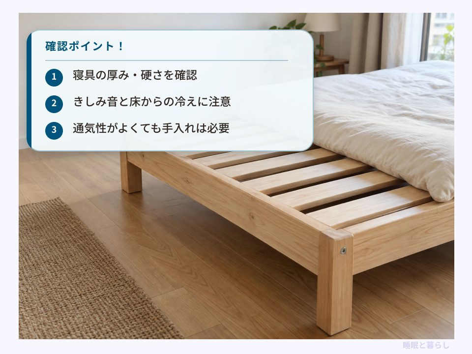 すのこベッドの寝具の厚み、きしみや冷え、手入れの必要性をまとめた確認ポイント