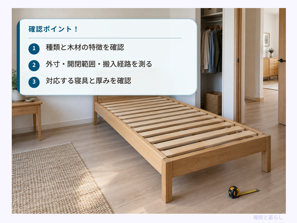 すのこベッドの種類と木材、外寸や搬入経路、対応する寝具を確認するポイント