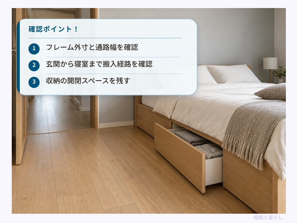 クイーンベッド設置前に確認する外寸・搬入経路・収納の開閉スペース