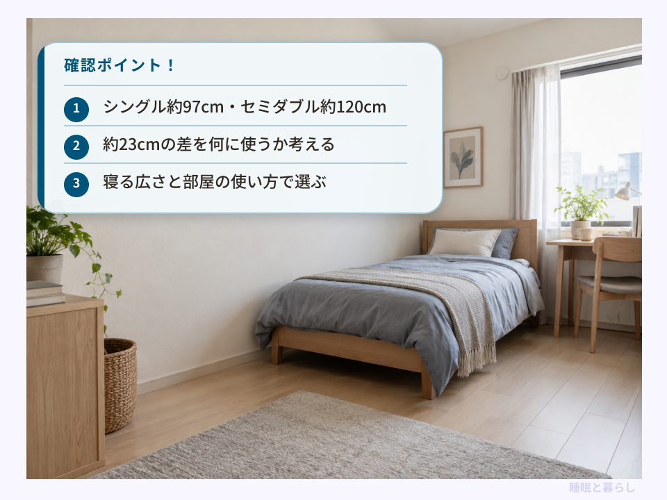 シングルとセミダブルの幅の差と、寝る広さ・部屋の使い方を比較するポイント