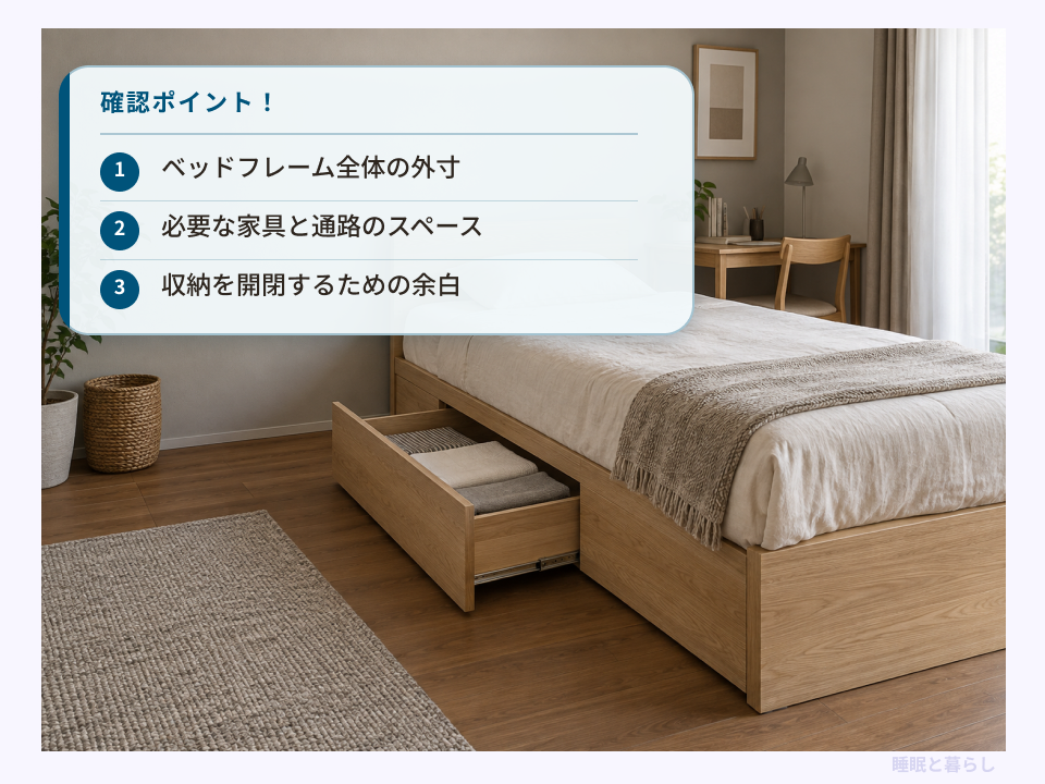 収納付きセミダブルベッドと、フレームの外寸・家具と通路・収納の開閉スペースの確認ポイント