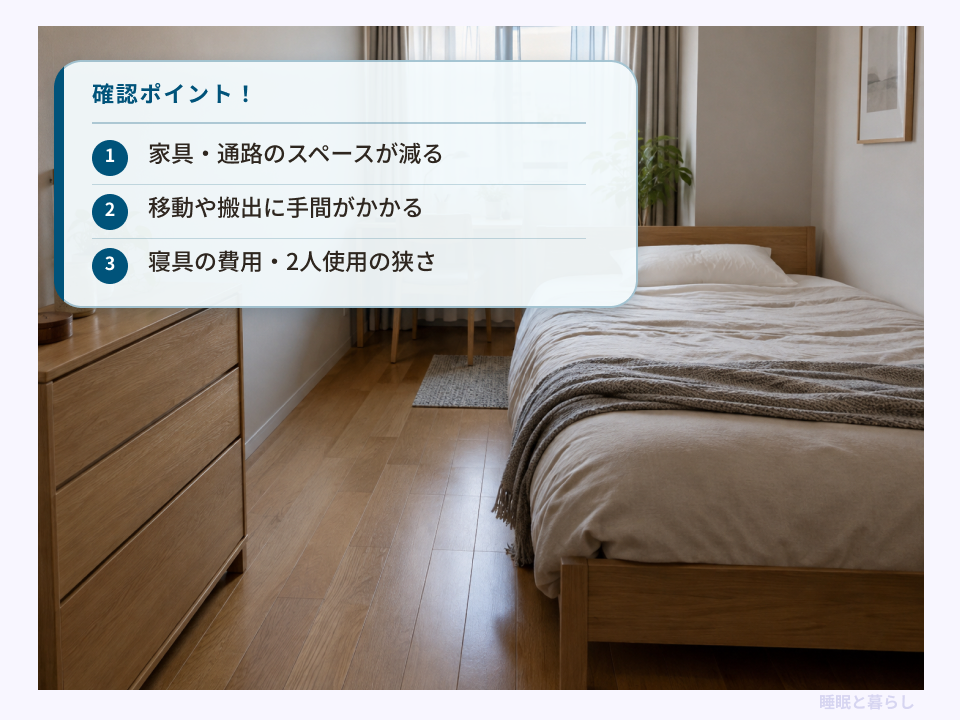 セミダブルベッドで家具や通路のスペースが減ること、移動の手間、寝具の費用と2人使用の狭さをまとめた確認ポイント