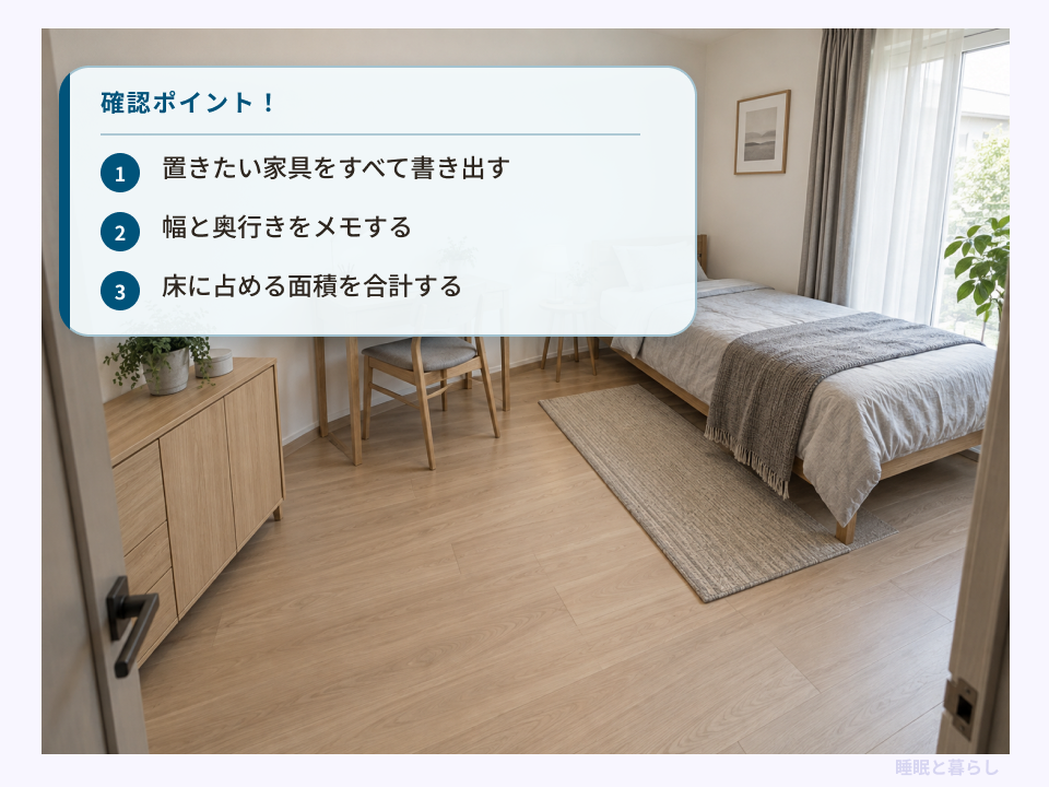 置きたい家具の幅と奥行きを書き出し、床に占める面積を合計するポイント