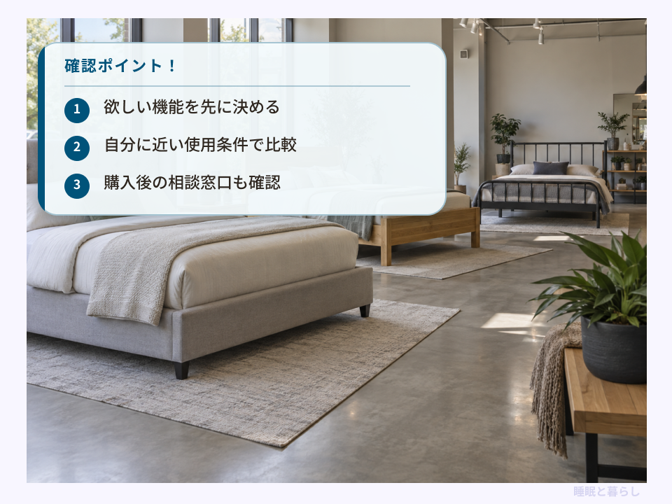 ベッドメーカーを機能や使用条件で比較するポイントと売り場のイメージ