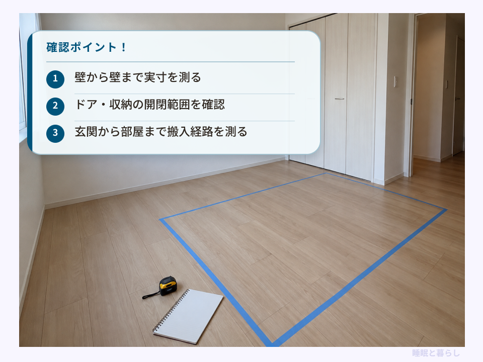 床にベッドの外寸を示し、部屋の実寸・扉の開閉範囲・搬入経路の確認点をまとめた画像