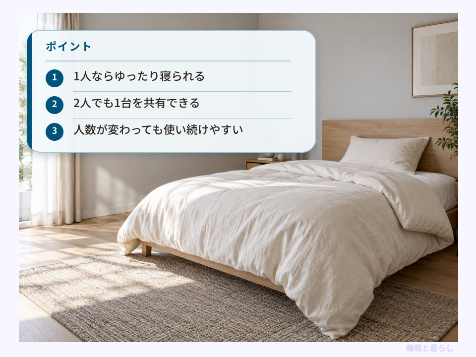 ダブルベッドの写真と、1人で広く寝られることや2人で共有できるメリットをまとめた画像