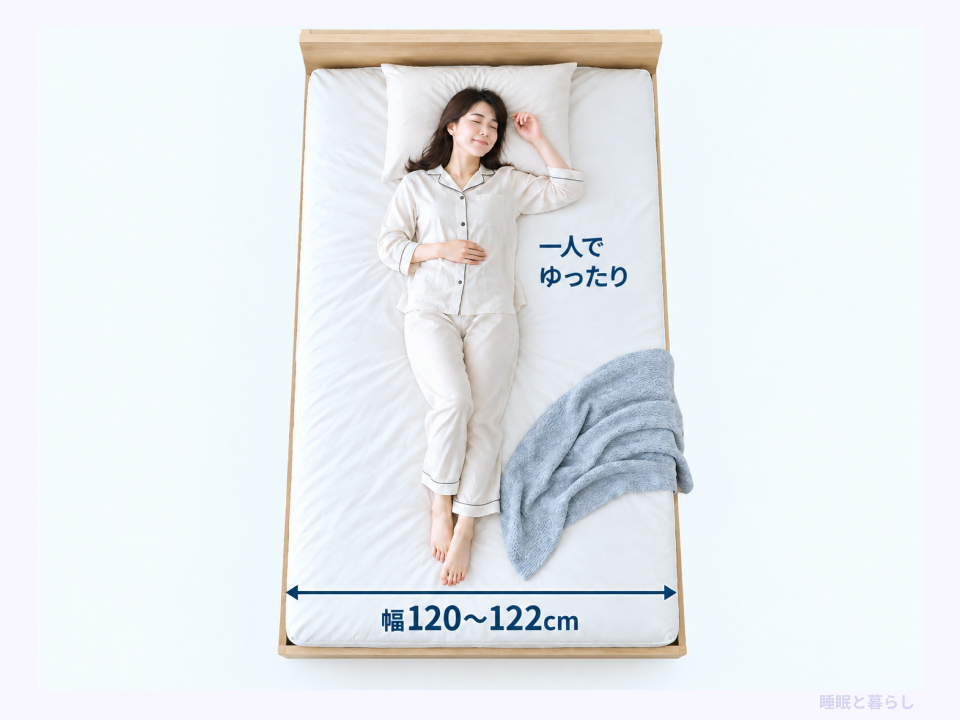 幅120〜122cmのセミダブルベッドを一人で使う例