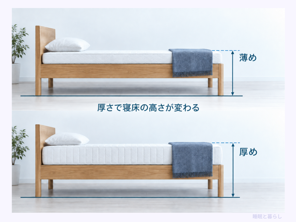 同じベッドフレームでマットレスが厚くなると寝床が高くなる比較
