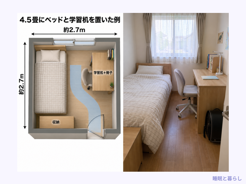 4.5畳にベッドと学習机を置いた例