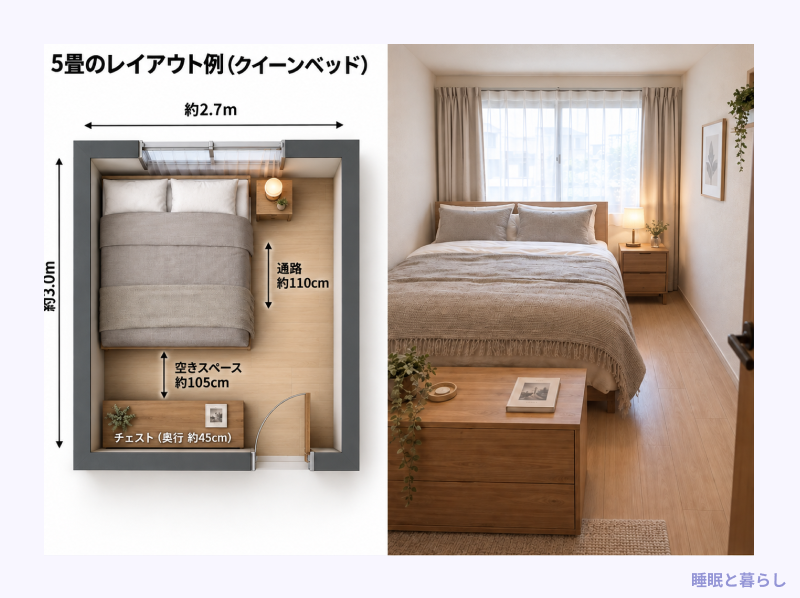 5畳にクイーンベッドを置いたレイアウト例