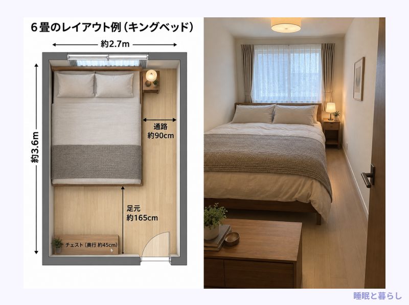 6畳にキングベッドを置いたときのレイアウト例