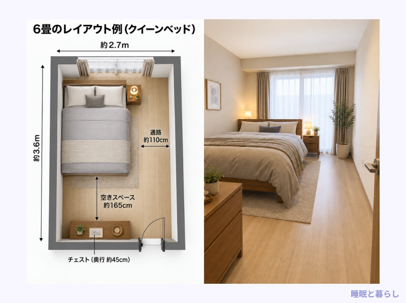 6畳にクイーンベッドを置いたレイアウト例
