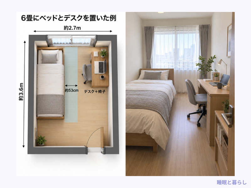 6畳にベッドとデスクを置いた例