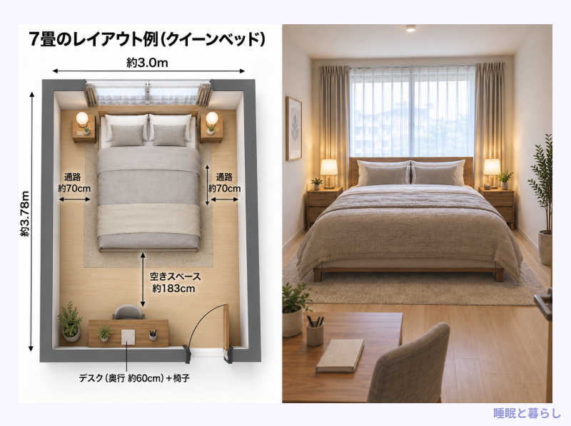 7畳にクイーンベッドを置いたレイアウト例
