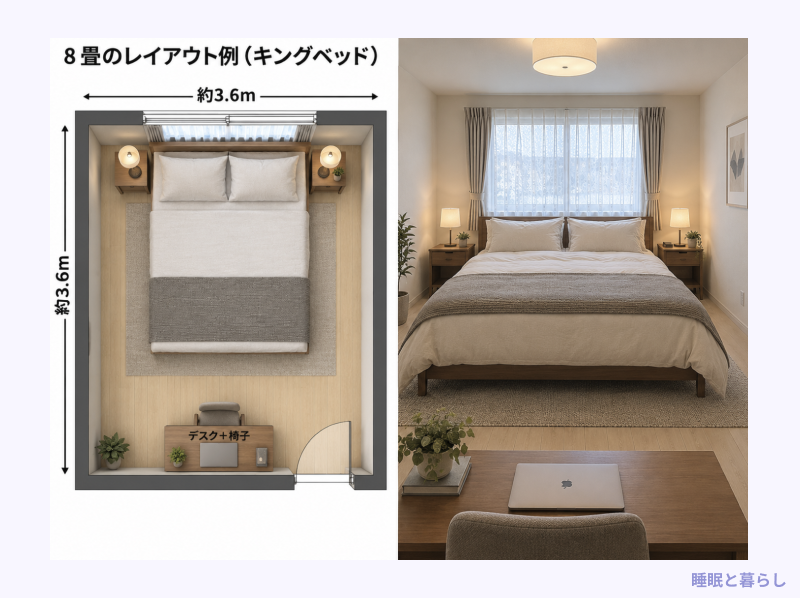 8畳にキングベッドを置いたときのレイアウト例