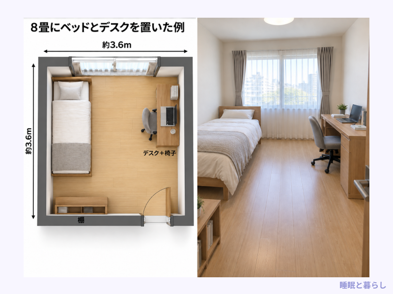 8畳にベッドとデスクを置いた例
