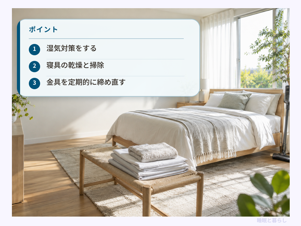 明るい寝室と、湿気対策・寝具の乾燥と掃除・金具の締め直しを示す手入れのポイント