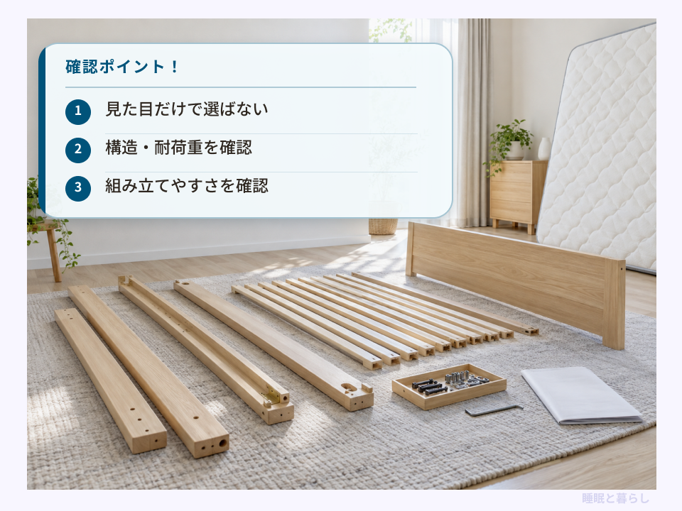 組み立て前のベッド部材と、見た目だけで選ばず構造・耐荷重・組み立てやすさを確認するポイント