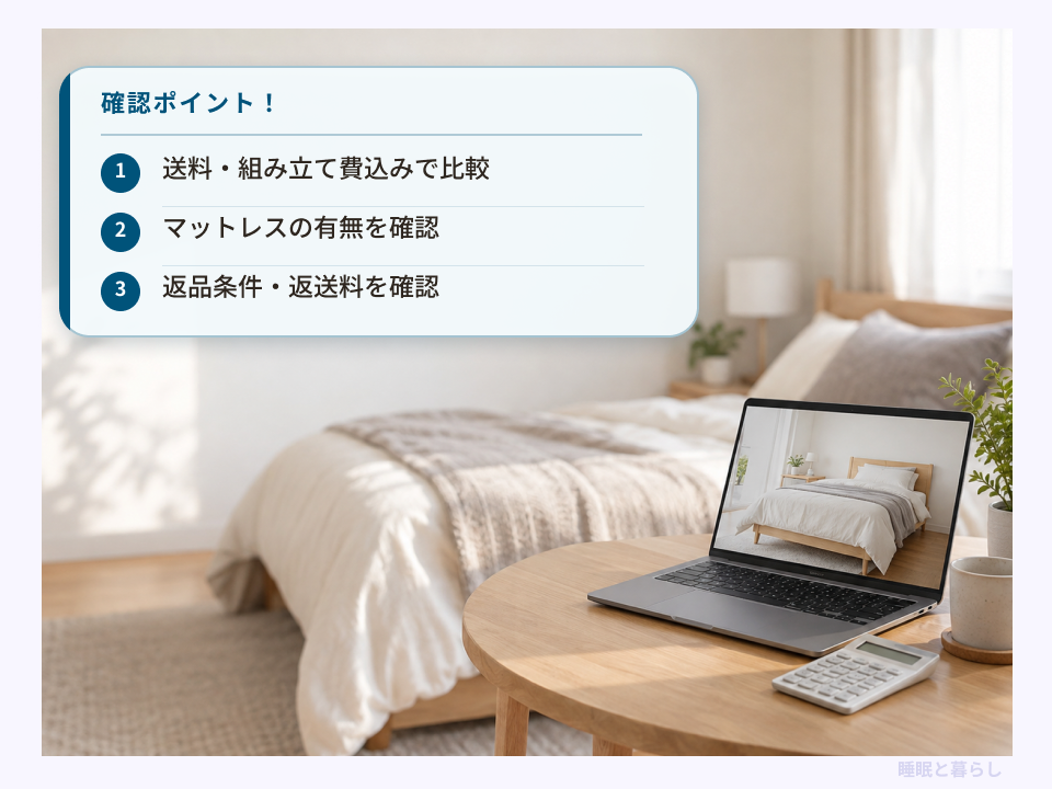 通販でベッドを比較する場面と、送料や組み立て費・マットレスの有無・返品条件の確認事項