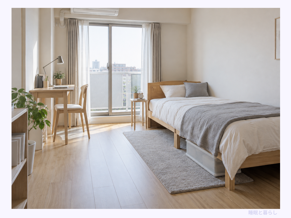 一人暮らしの部屋にシングルベッドと小さなデスクを置き、ベッド下を収納に使った配置例