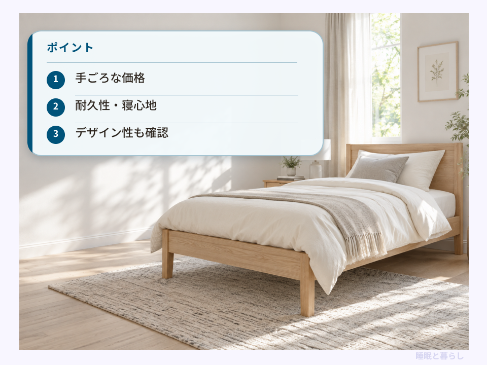 木製ベッドの写真と、手ごろな価格・耐久性や寝心地・デザイン性を確認するポイント