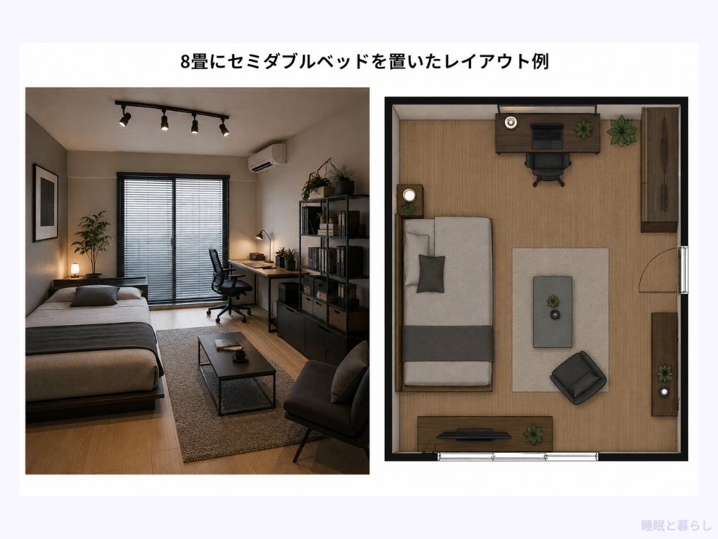 8畳にセミダブルベッドを置いたレイアウト例
