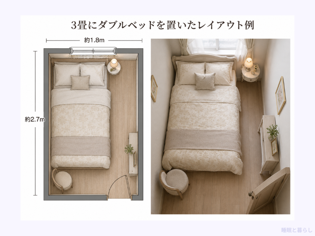 3畳にダブルベッドを置いたレイアウト例