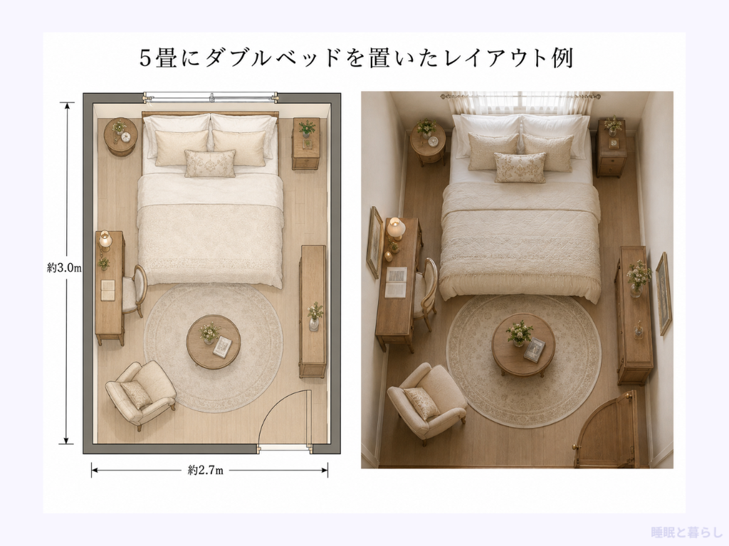 5畳にダブルベッドを置いたレイアウト例