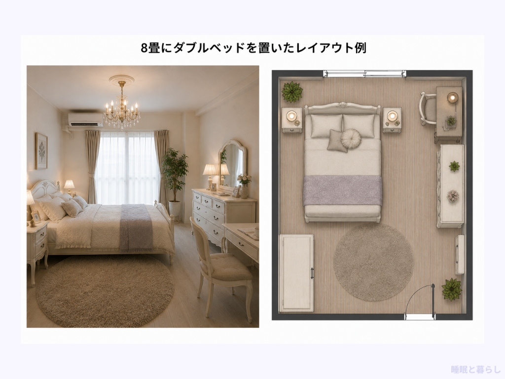 8畳にダブルベッドを置いたレイアウト例