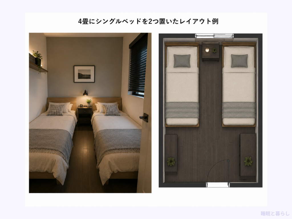 シングルベッドを2つ置いた4畳のレイアウト例