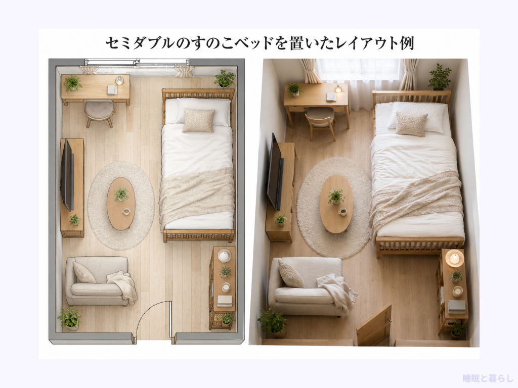 セミダブルのすのこベッドを置いたレイアウト例