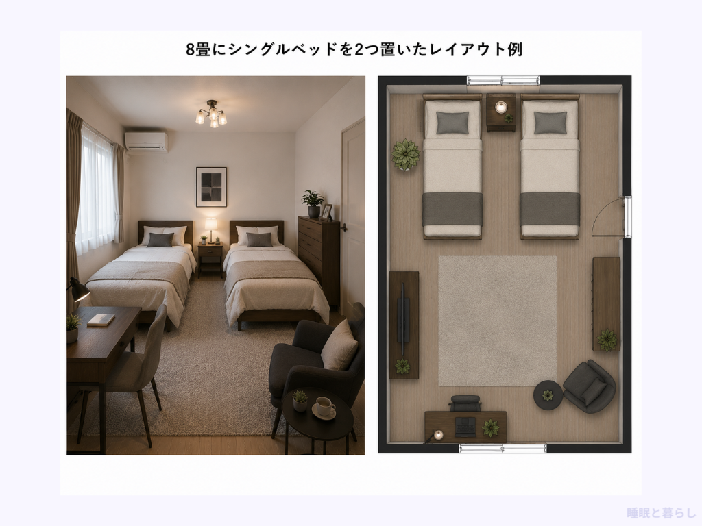 シングルベッドを2つ置いた8畳のレイアウト例