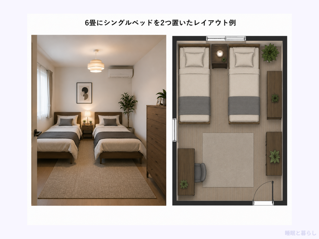 シングルベッドを2つ置いた6畳のレイアウト例