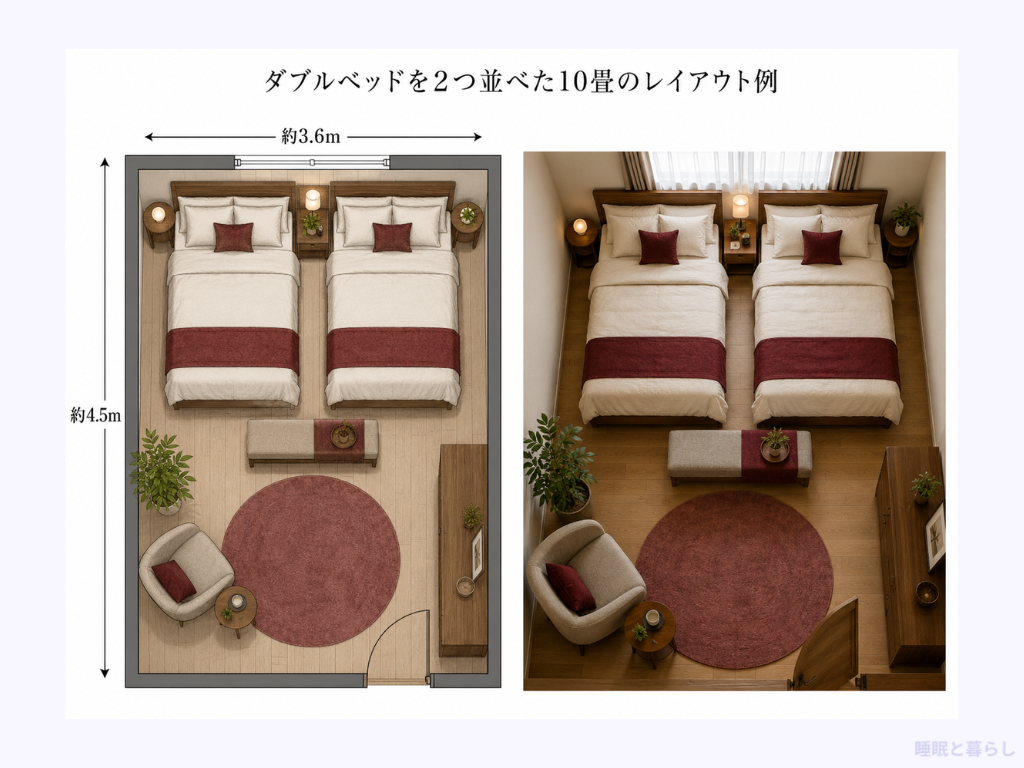 ダブルベッドを2つ並べた10畳のレイアウト例