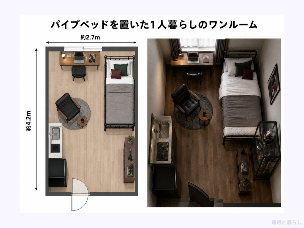 パイプベッドを置いた1人暮らしのワンルーム