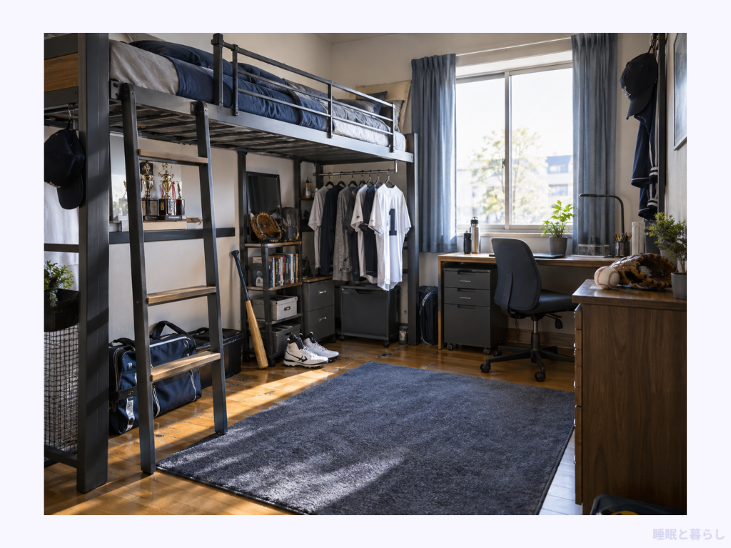 ベッド下に衣類収納とデスクを組み合わせた黒いパイプ製ロフトベッドの部屋