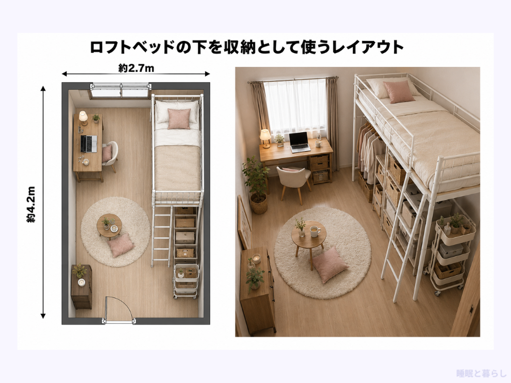 ロフトベッドの下を収納として使うレイアウト