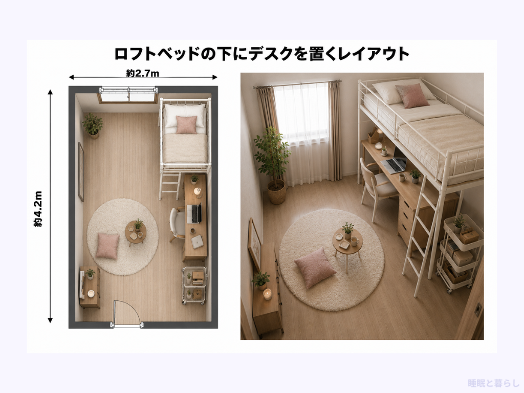 ロフトベッドの下にデスクを置くレイアウト
