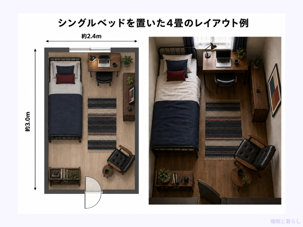 シングルベッドを置いた4畳のレイアウト例