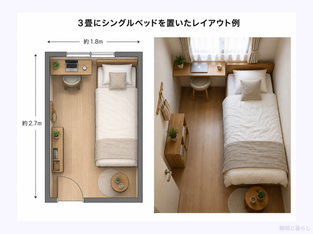 3畳にシングルベッドを置いたレイアウト例