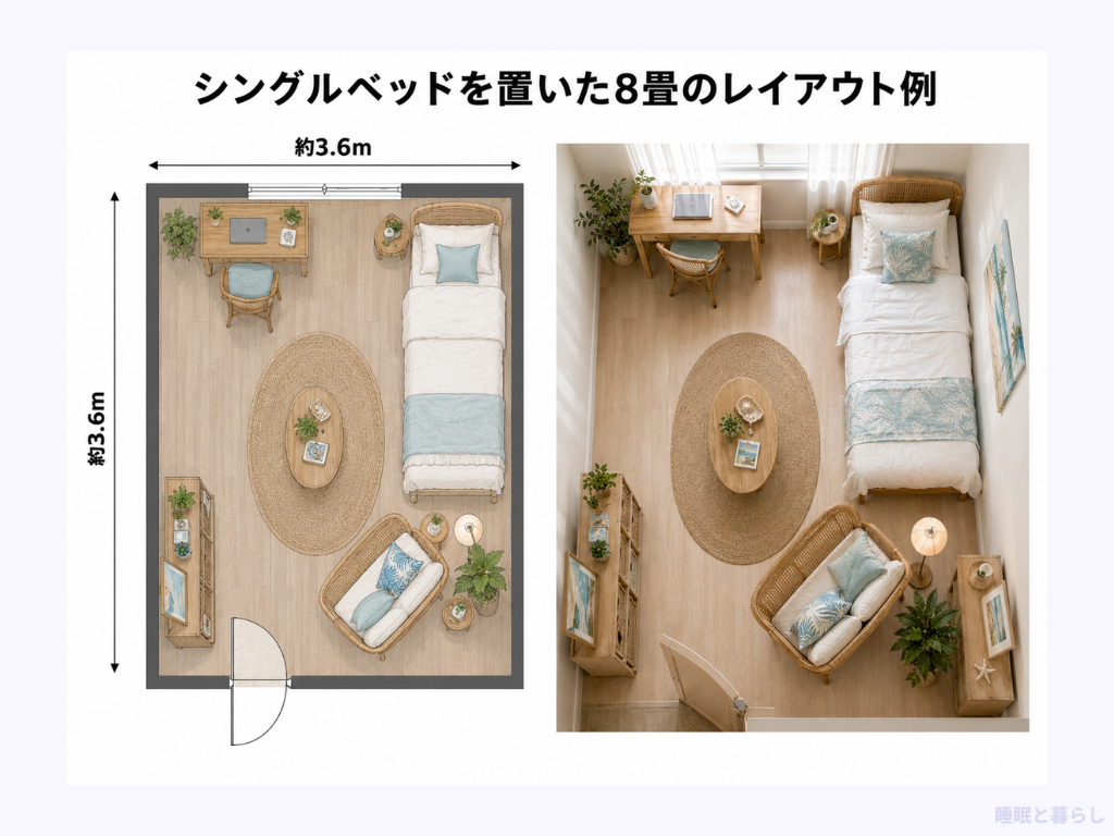 シングルベッドを置いた8畳のレイアウト例