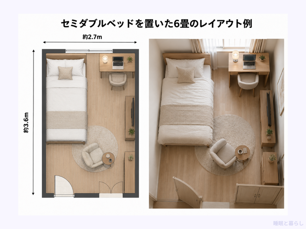 セミダブルベッドを置いた6畳のレイアウト例